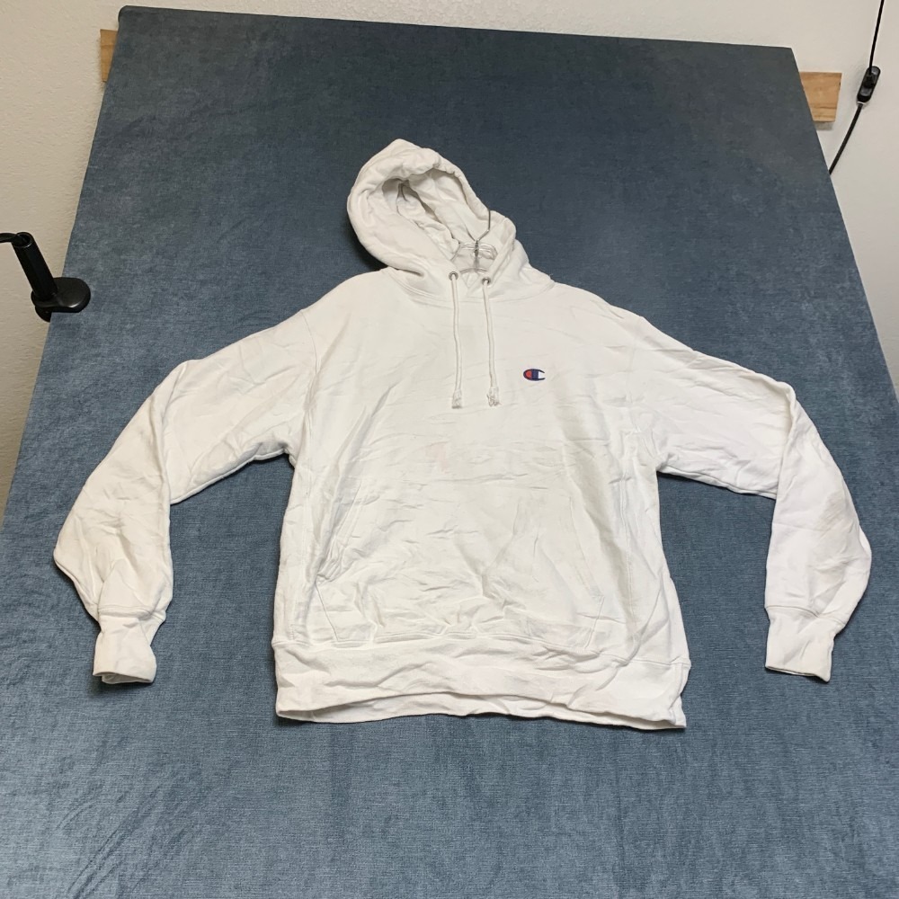 VTG Champion Reverse Weave Hoodie Men Medium White Logo Ribbed Hem Drawstring
